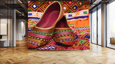 Colourful Indian traditional ethnic ware for woman or girls Gujarat, India. Handmade tribal skirt with embroidery, mirror work. Wedding dress multi color design party wear, Rajasthan Mojari shoes. Wall mural