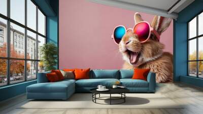 Abstract clip-art of rabbit wearing trendy sunglasses. Cool bunny with sunglasses on colorful  pink background. Contemporary colorful background with copy space. For posters, planners, illustration.   Wall mural