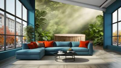 Empty product podium in tropical forest with tropical leaves for product presentation and green nature, jungle in background.

 Wall mural