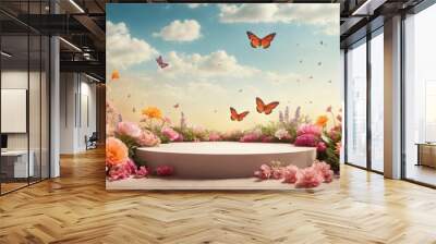 Product podium for product presentation and display with garden summer and spring flowers, floral summer background podium for cosmetic, with nature in the background. Generating AI Wall mural