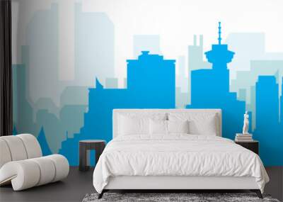 Blue panoramic city skyline poster with bluish misty transparent background buildings of VANCOUVER, CANADA Wall mural