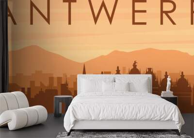 Brown panoramic poster of the city skyline with misty background buildings, sunrise, clouds and mountains of ANTWERP, BELGIUM Wall mural