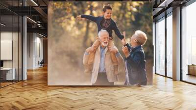 Grandparents having a lovely autumn day with their grandson in nature. The grandfather is carying his grandson on his shoulders while the grandmother holds the child's hands. Wall mural