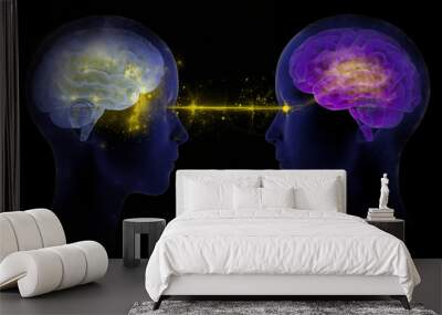 3D rendered illustration of two people communicating by telepathy, connected brains exchanging information  Wall mural