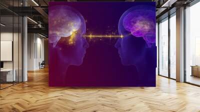 3D rendered illustration of two people communicating by telepathy, connected brains exchanging information  Wall mural