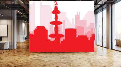 Red panoramic city skyline poster with reddish misty transparent background buildings of LIMA, PERU Wall mural