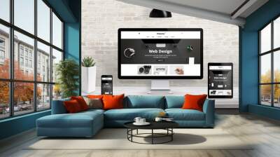 responsive web site template design presentation on computer, smart phone and tablet display. studio Wall mural