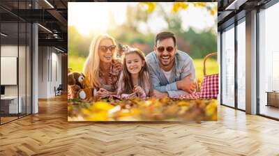 Cheerful family enjoying picnic in nature Wall mural