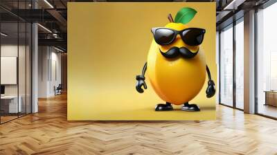 A funny mango cartoon character wearing sunglasses with moustache isolated on yellow background Wall mural