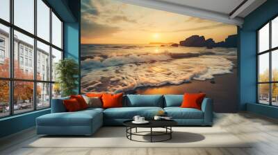 Sunrise on the beach - vintage filter. Sea waves lash line impact rock on the bea. Seaside under a rough sky Wall mural