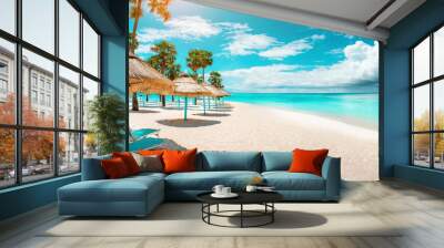 Beautiful beach tent pam tree for Panorama beautiful beach with white sand, turquoise ocean and blue sky with clouds on Sunny  Wall mural