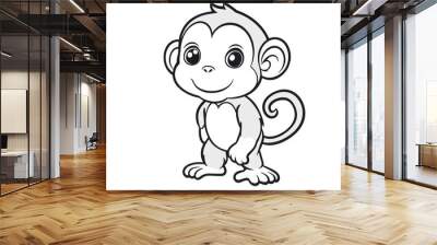 Outline illustration of a black and white monkey for drawing and coloring on white background Wall mural