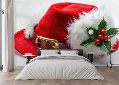 A festive red hat with white fur trim and golden buckle, decorated with holly leaves and berries, evokes joy and festive cheer in the holiday season. Wall mural