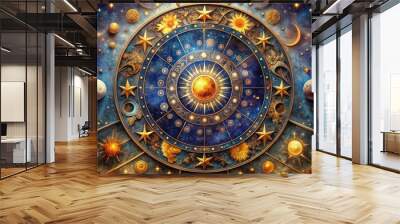 A mystical, dreamy illustration of the zodiac wheel surrounded by stars, planets, and subtle celestial patterns, evoking a sense of ancient mysticism and cosmic wonder. Wall mural