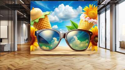 A vibrant and colorful illustration of summer icons, including sunglasses, ice cream, beaches, and sunflowers, set against a bright blue sky with fluffy white clouds. Wall mural