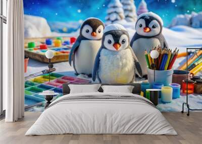 Adorable penguins surrounded by colorful art supplies, vividly bringing their creativity to life on a snowy table, amidst scattered paints, crayons, and sketchbooks. Wall mural