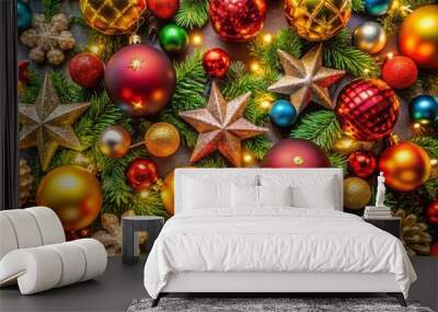 Delightful festive desktop wallpaper showcasing colorful decorations, perfect for instilling a joyful holiday spirit in Wall mural