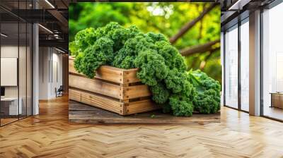 Freshly harvested col rizada, a type of curly kale, spills over a rustic wooden crate, surrounded by lush greenery and soft, diffused natural light. Wall mural