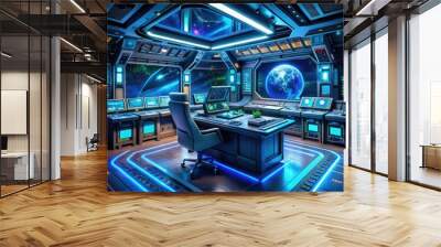 futuristic alien sci-fi spaceship command center holographic display futuristic video editing console neon glow digital interface advanced technology futuristic dark mood Wall mural