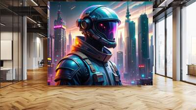 Futuristic mech pilot emerging from a neon-lit urban cityscape with towering skyscrapers and sleek metallic machines reflected on their visor Wall mural