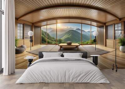 Serene Sanctuary: A 360? Panorama of a Minimalist Zen Room with Mountain Views  Generative AI Wall mural