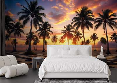 Sunset Serenade: A Checkered Oasis of Palm Trees and Squares  Generative AI Wall mural