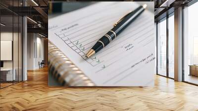 A close-up of a black pen resting on a lined notebook with check marks. Wall mural