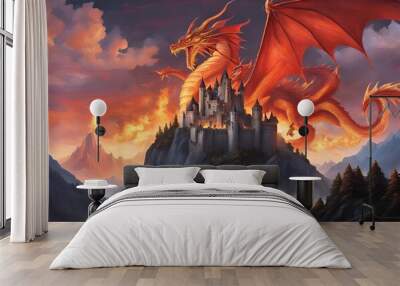 dragon over the mountains with castle Wall mural