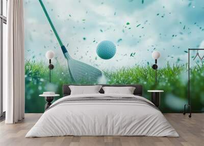 Golf club striking a ball on a green field. Wall mural