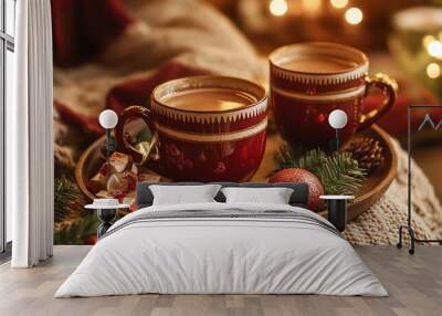 Two mugs of hot beverage on a wooden tray with festive decorations. Wall mural