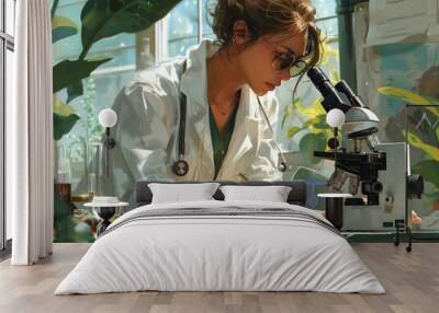 Woman scientist working with microscope and plants. Wall mural