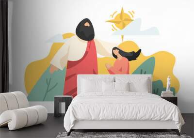 Cartoon drawings of Jesus with people in different ways. religious concept It is a vector image or illustration that can be used for design and media. Wall mural