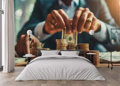 Businessman holding coins and dollar bills on a table, symbolizing financial management, savings, investments, and wealth planning in a professional setting. Wall mural