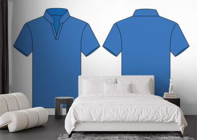 Blank Blue Short Sleeve V-Neck Stand Collar - Tracksuit Shirt Template On White Background.Front and Back View, Vector File Wall mural