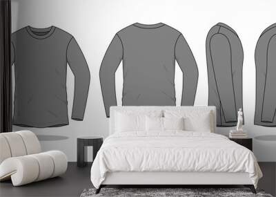 Blank Gray Long Sleeve T-Shirt Template on White Background. Front, Back, and Side Views, Vector File. Wall mural