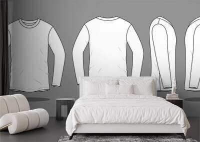 Blank white long sleeve t-shirt template on a gray background. Front, back and side views, vector File Wall mural