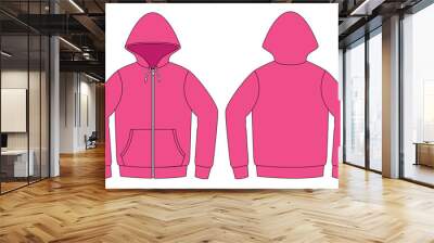 Pink Hooded Jacket With Two Pocket Template Vector On White Background.Front and Back View. Wall mural