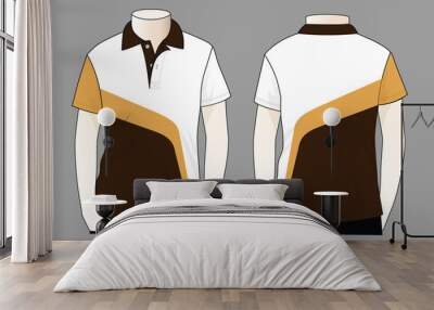 Short sleeve polo shirt with white-cream-brown design on gray background.Front and back view, vector file Wall mural