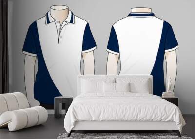 Sport white-navy blue short sleeve polo shirt with curve style design vector on gray background.Front and back view. Wall mural