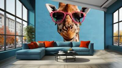 Portrait of a illustration cute giraffe wearing glasses to welcome the summer holidays. Cute giraffe looking cool wearing bright yellow tinted blue sunglasses on a blue background Wall mural