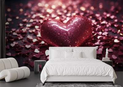 Beautiful 3D heart shapes sparkling and heart particles in blurred light background with space for text. Valentine's Day, Mother's Day or Wedding background Wall mural