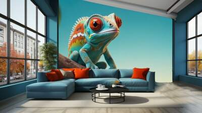 Colorful colored chameleon on brunch, lizard close up with big eye, on a solid color background, Banner with Space for Copy, flowers, panorama background
 Wall mural