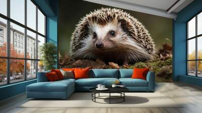 Cute hedgehog with curious expression walking on forest floor, symbolizes nature and wildlife Wall mural