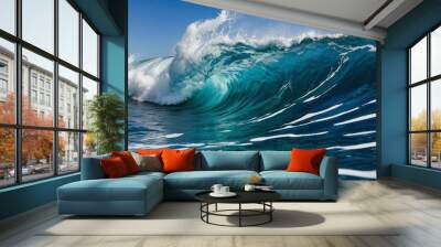 Dynamic ocean wave against clear blue sky, vibrant seascape, perfect for relaxation themes Wall mural