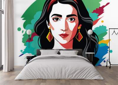 Elegant woman with confident expression on colorful background, vector illustration, promotional art. Armenian woman portrait watercolor background . Wall mural