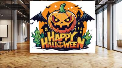 Halloween pumpkin with a spooky face in front of a haunted house vector, festive holiday banner Wall mural