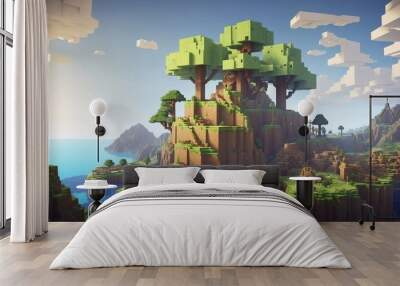 Minecraft inspired colorful world. Minecraft texture world. Cube landscape illustration background abstract, 3d nature, game earth cube voxel surface landscape. Generative AI Wall mural