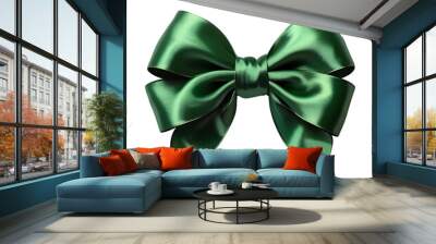 Shiny green satin bow on transparent background, perfect for holiday decor and gift wrapping Ribbon green bow isolated on a transparent background. Wall mural