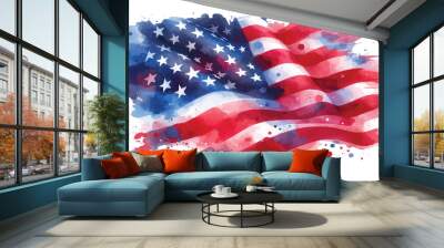 Watercolor American National Holiday. US Flag with American stars, stripes and national colors. USA Grunge Painted Flag. Wall mural