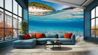 water wave underwater blue ocean swimming pool wide panorama background sandy sea bottom isolated white background Wall mural